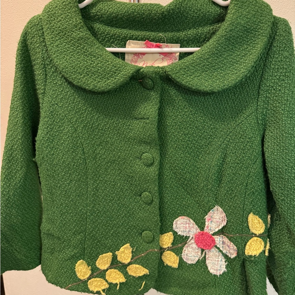 Vintage-Inspired Green and Yellow Knit Jacket with Floral Embellishments